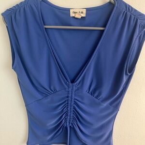 Open Edit Blue Ruched Top with Adjustable Tie Front